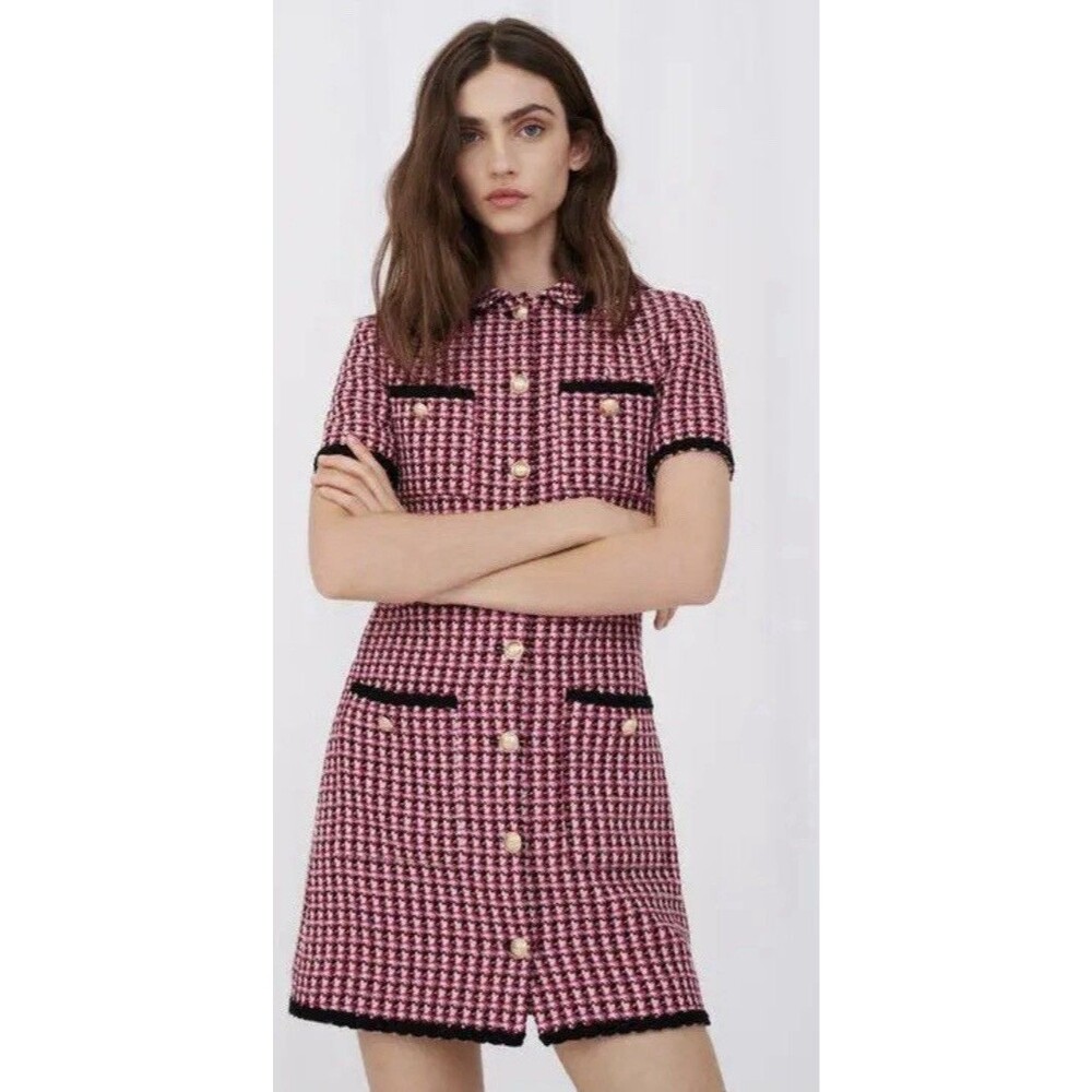 Maje Renalt Tweed Mini Shirt Dress Button Up Collar Size 40 Fuchsia Black US 8